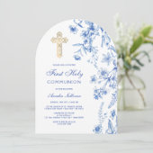 Französische Blaue Wildblumen Arch Erste Kommune Einladung (Stehend Vorderseite)