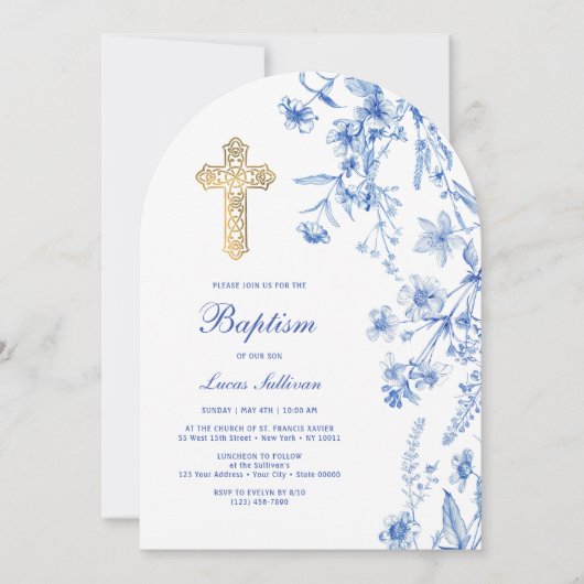 Französische Blaue Wildblumen Arch-Taufe Einladung (Vorderseite)
