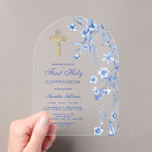 Französische Blaue Wildblumen Bögen Erste Kommunio Acryleinladungen