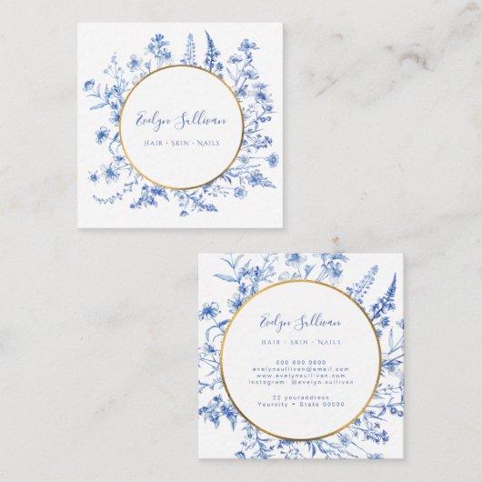 Französische blaue Wildblumen Goldkreis-Visitenkar Quadratische Visitenkarte (Vorne/Hinten)