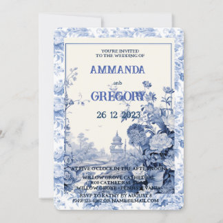 Französische Blumen-Toile-Blau-Einladung Einladung