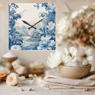 Französische Blumen-Toile-Blau Quadratische Wanduhr