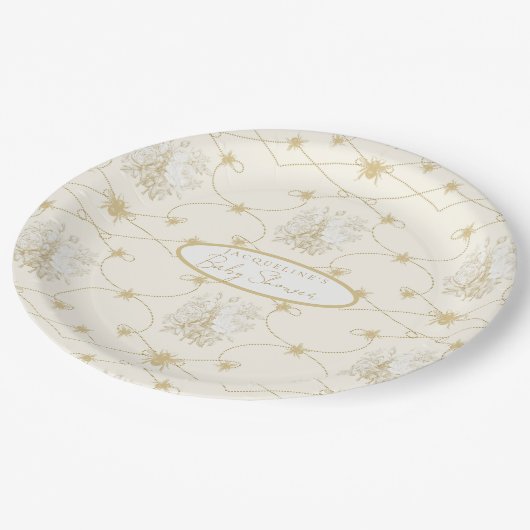 Französische Blumenbeere Elegante Bienen Elfenbein Pappteller (Schrägansicht)