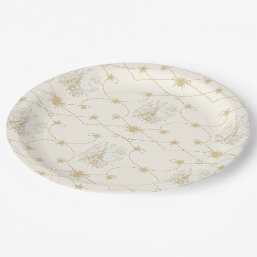Französische Blumenmuster Elegante Bienen Elfenbei Pappteller (Schrägansicht)