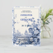 Französische Blumentoilblauer Einladung (Stehend Vorderseite)