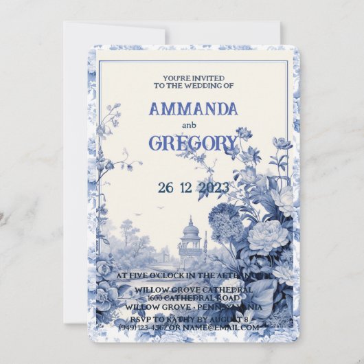 Französische Blumentoilblauer Einladung (Vorderseite)