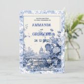 Französische Blumentoilblauer Einladung (Stehend Vorderseite)