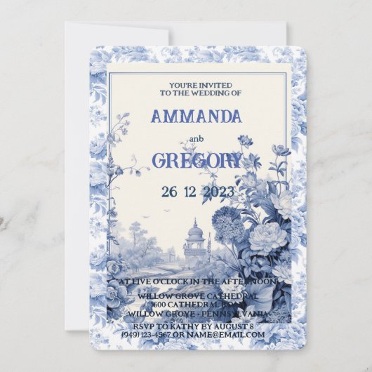 Französische Blumentoilblauer Einladung (Vorderseite)