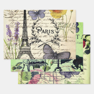 französische botanische Blumen Vintage Eiffelturm  Geschenkpapier Set