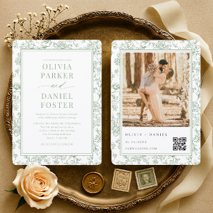 Französische botanische Foto-QR-Code-Hochzeit Einladung