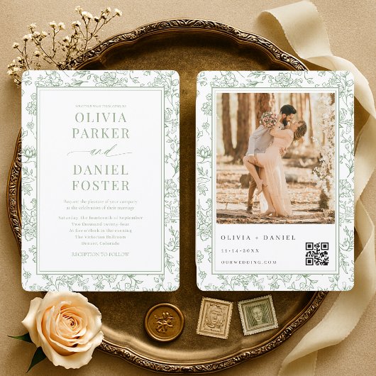 Französische botanische Foto-QR-Code-Hochzeit Einladung