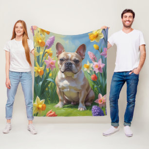 Französische Bulldog-Frühlingsblumen Malerei Fleecedecke