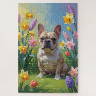 Französische Bulldog-Frühlingsblumen Malerei Puzzle