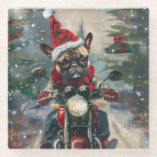 Französische Bulldog-Motorrad-Weihnachten Glasuntersetzer