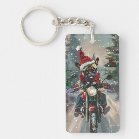 Französische Bulldog-Motorrad-Weihnachten Schlüsselanhänger (Vorderseite)