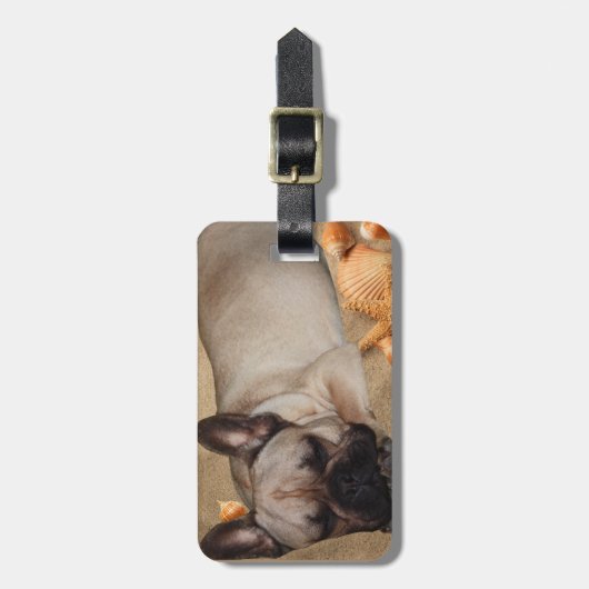 Französische Bulldogge am Meer im Urlaub Gepäckanhänger (Vorderseite vertikal)