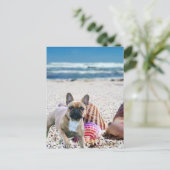Französische Bulldogge am Strand Postkarte (Stehend Vorderseite)