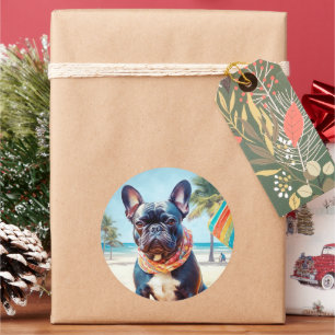 Französische Bulldogge am Strand, Sommergeschenk f Runder Aufkleber