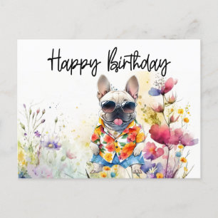 Französische Bulldogge auf Blumenfeld-Geburtstag Postkarte