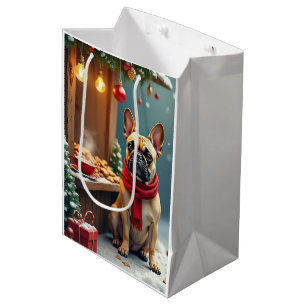 Französische Bulldogge auf dem Vintage-Weihnachtsm Mittlere Geschenktüte