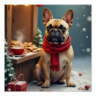 Französische Bulldogge auf dem Vintage-Weihnachtsm Poster