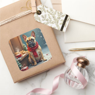 Französische Bulldogge auf dem Vintage-Weihnachtsm Quadratischer Aufkleber