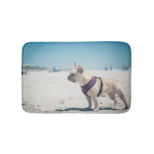 Französische Bulldogge auf Strand Badematte