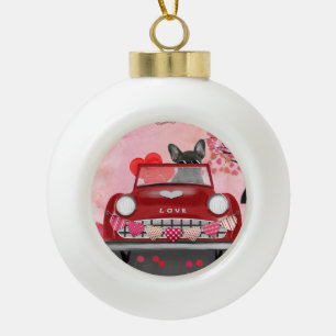Französische Bulldogge Auto mit Herzen Valentinsta Keramik Kugel-Ornament