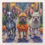 Französische Bulldogge beim Trick-or-Treat Hallowe Glasuntersetzer (Vorderseite)