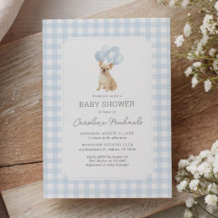 Französische Bulldogge Blau Gingham Babyparty Einladung