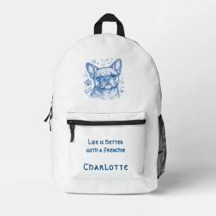 Französische Bulldogge blaue Lineart Kritzelei Fre Bedruckter Rucksack