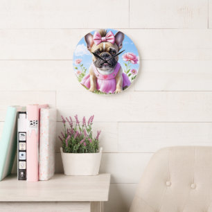 Französische Bulldogge Blumen French Bulldog Große Wanduhr