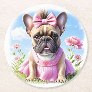 Französische Bulldogge Blumen French Bulldog Runder Pappuntersetzer