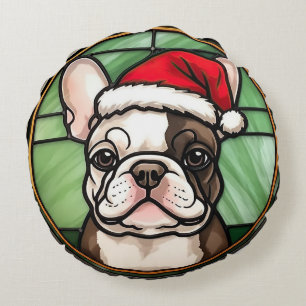 Französische Bulldogge Buntglas Weihnachten Rundes Kissen