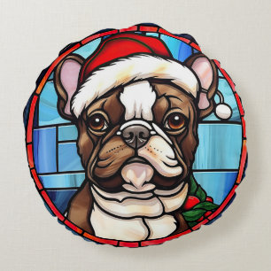 Französische Bulldogge Buntglas Weihnachten Rundes Kissen