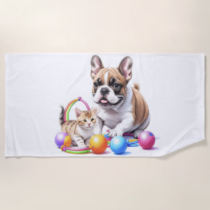 Französische Bulldogge French Bulldog mit Katze Strandtuch