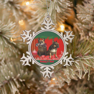 Französische Bulldogge Frohe Weihnachten Bulldog Schneeflocken Zinn-Ornament