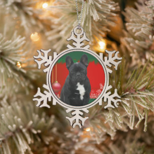 Französische Bulldogge Frohe Weihnachten Bulldog Schneeflocken Zinn-Ornament