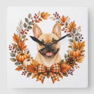 Französische Bulldogge Herbstkranz Quadratische Wanduhr
