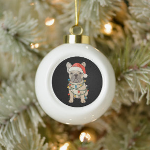 Französische Bulldogge Hund Weihnachtsmann Hut Fro Keramik Kugel-Ornament
