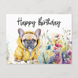 Französische Bulldogge im Blumenfeld Geburtstag Postkarte
