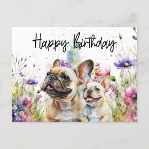 Französische Bulldogge im Blumenfeld Geburtstag Postkarte