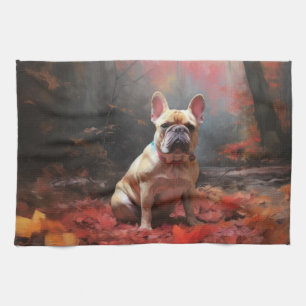 Französische Bulldogge im Herbstlaubfall inspirier Geschirrtuch