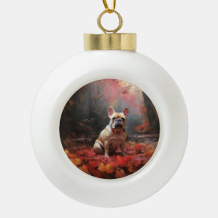 Französische Bulldogge im Herbstlaubfall inspirier Keramik Kugel-Ornament