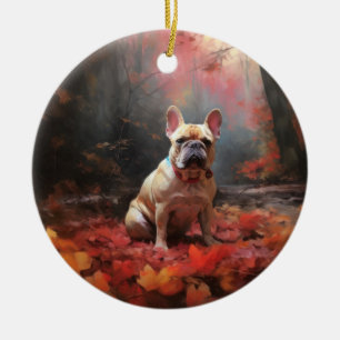 Französische Bulldogge im Herbstlaubfall inspirier Keramik Ornament