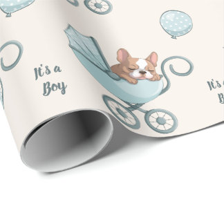 Französische Bulldogge im Kinderwagen Blue Boy Bab Geschenkpapier