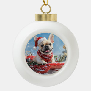 Französische Bulldogge im Schlitten Lass es schnei Keramik Kugel-Ornament