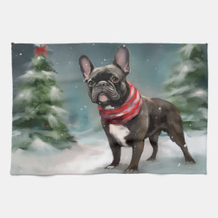 Französische Bulldogge im Schnee Weihnachten Geschirrtuch