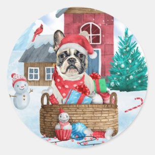 Französische Bulldogge im Schnee Weihnachtshundhau Runder Aufkleber