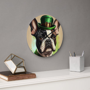 Französische Bulldogge im St. Patrick's Day Kleid Große Wanduhr